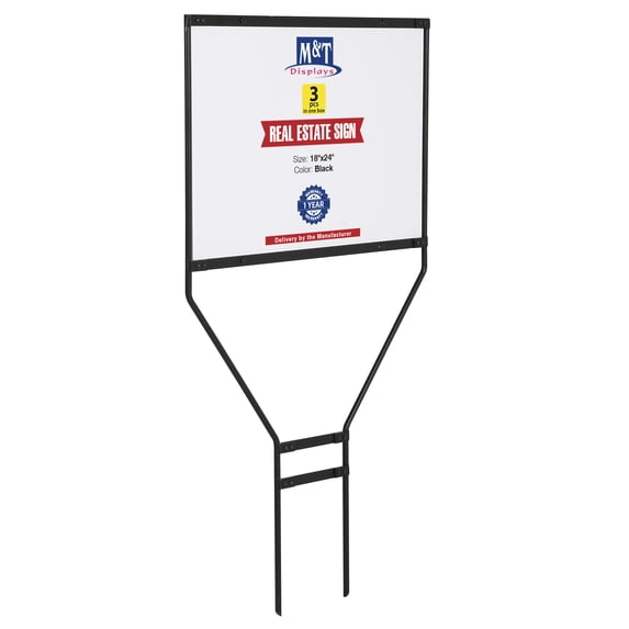 M&T Displays H Frame Real Estate Yard Sign Post, 24x18 Inch Display Size Banjo Esquire Style 44" Tall Black Metal 0.32" Rod Frame Construction Pointed Legs (3 Pack)