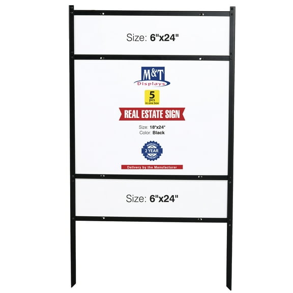 M&T Displays H Frame Real Estate Yard Sign Post Dual Rider, 24x18 Inch 42" Tall Black Metal 3/4" Angle Frame Construction Pointed Legs (5 Pack)
