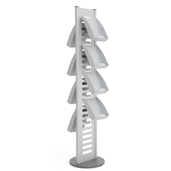 M&T Displays Heavy Duty Literature Rack with 8 pcs. Steel Shelf and Rotating Base Magazine Holder Brochure Display Stand Catalog Leaflet for Fair Conference (Gray 8.5x11 A4)