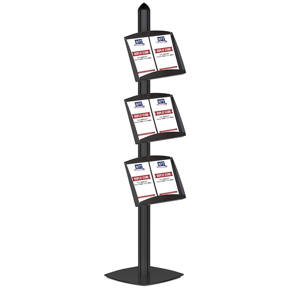 M&T Displays Literature Floor Stand with 3 Height Adjustable Steel Shelves, Double Sided (Black)