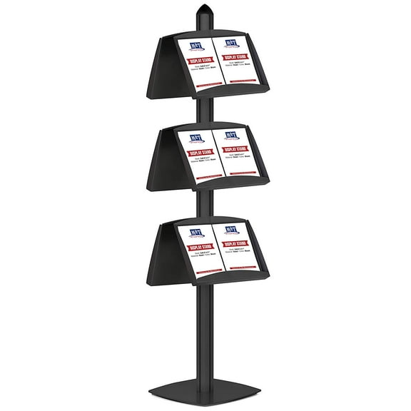 M&T Displays Literature Floor Stand with 6 Height Adjustable Steel Shelves, Double Sided (Black)
