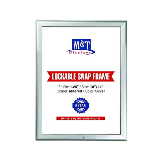 M&T Displays Lockable Front Loading Snap Frame Picture Poster Size 1.25" Silver Color Profile, Mitered Corner (18x24)