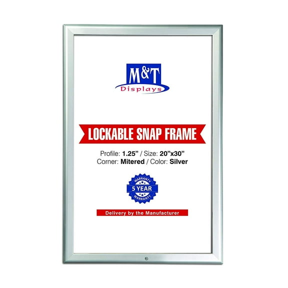 M&T Displays Lockable Snap Frame Front Loading Picture Photo Poster Size 1.25" Silver Color Profile, Mitered Corner (20x30)