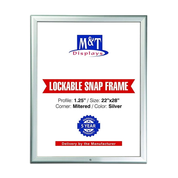 M&T Displays Lockable Snap Frame Front Loading Picture Photo Poster Size 1.25" Silver Color Profile, Mitered Corner (22x28)