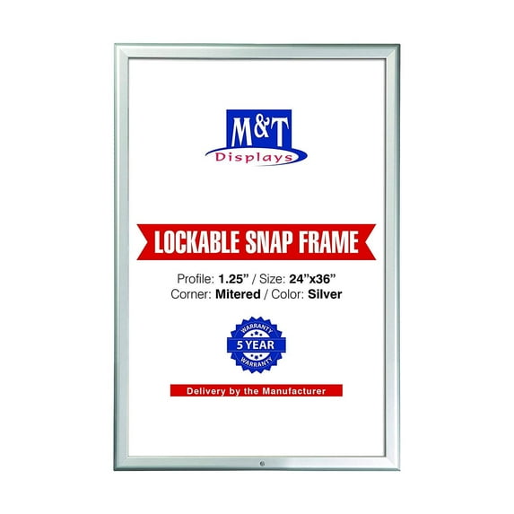 M&T Displays Lockable Snap Poster Frame 24x36 Silver Aluminum Picture Photo Certificate Sign Holder
