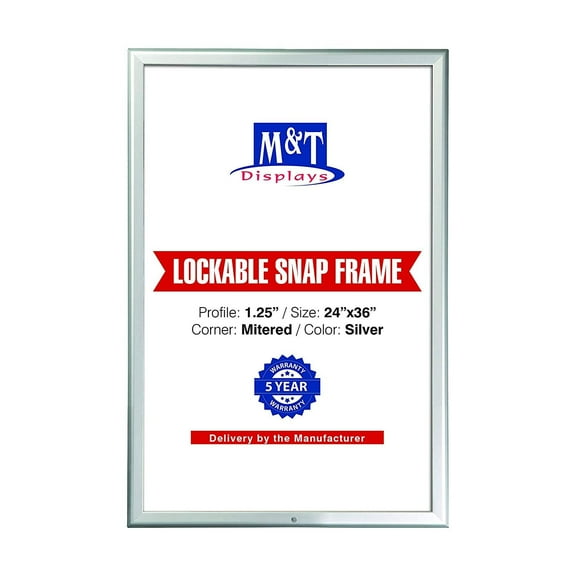 M&T Displays Lockable Snap Poster Frame 24x36 Silver Aluminum Picture Photo Certificate Sign Holder