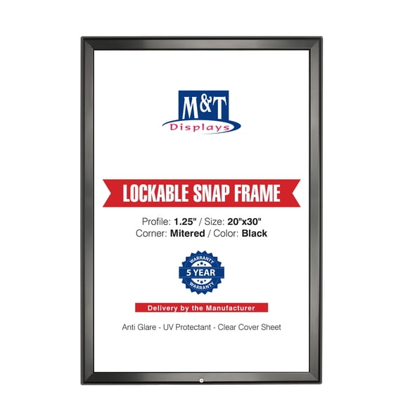 M&T Displays Lockable Snap Poster Frame 20x30 Inch Black 1.25" Aluminum Profile Front Loading Wall Mounting Photo Picture Document Certificate Sign Holder Mitered Corner Anti Glare Cover