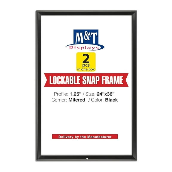 M&T Displays Lockable Snap Poster Frame 24x36 Inch Black 1.25" Aluminum Profile Front Loading Wall Mounting Picture Photo Document Certificate Sign Holder Mitered Corner Anti Cover (2 pack)
