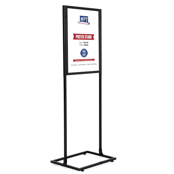 M&T Displays Metal Eco Info Board, Black 18x24 Inches Slide-In Poster Sign Holder 1 Tier Double Sided Floor Standing Pedestal Advertising Display with Backing and Anti-Glare Lens