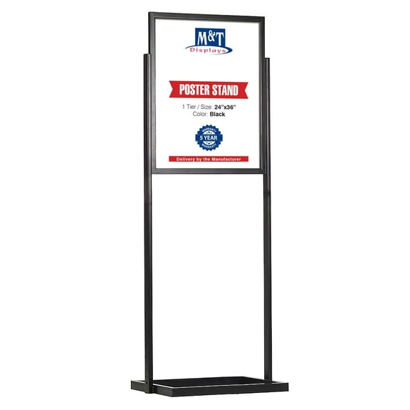 M&T Displays Metal Eco Info Board Black 24x36 Inches Slide-In Poster Sign Holder 1 Tier Double Sided Floor Standing Pedestal Advertising Display with Backing and Anti-Glare PET Cover