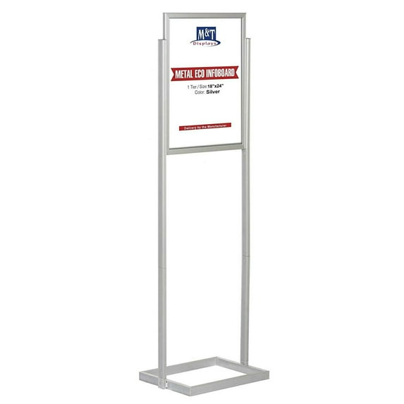 M&T Displays Metal Eco Info Board, Silver 18x24 Inches Slide-In Poster Sign Holder 1 Tier Double Sided Floor Standing Pedestal Advertising Display with Backing and Anti-Glare PET Cover