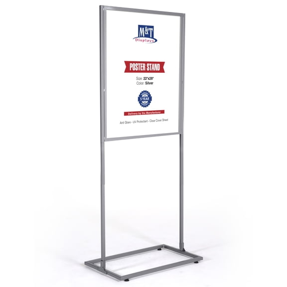 M&T Displays Metal Eco Info Board, Silver 22x28 Inches Slide-In Poster Sign Holder 1 Tier Double Sided Floor Standing Pedestal Advertising Display with Backing and Anti-Glare Lens