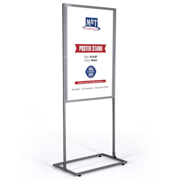 M&T Displays Metal Eco Info Board, Silver 24x36 Inches Slide-In Poster Sign Holder 1 Tier Double Sided Floor Standing Pedestal Advertising Display with Backing and Anti-Glare Lens
