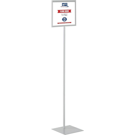 M&T Displays Metal Floor Free Standing Landscape Sign Menu Holder Poster Display with Flat Base (Gray, 8.5x11)
