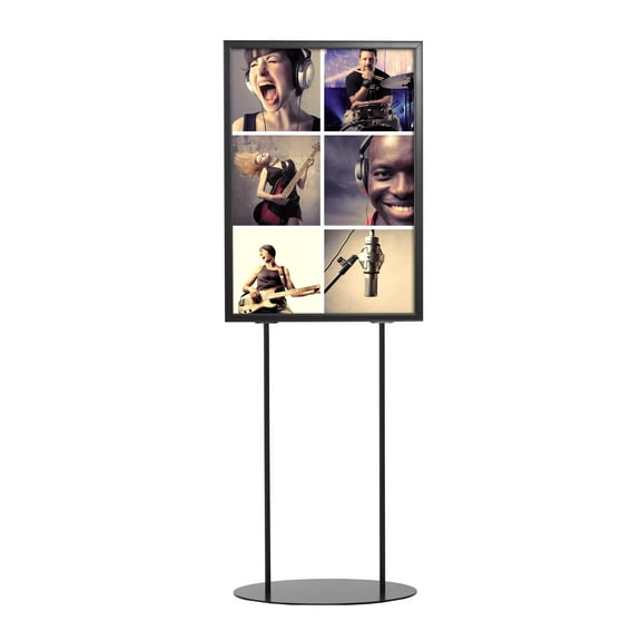 M&T Displays Metal Oval Info Board Black 18x24 Inches Slide-In Poster Sign Holder 1 Tier Double Sided Floor Standing Pedestal Advertising Display with Backing and Anti-Glare PET Cover