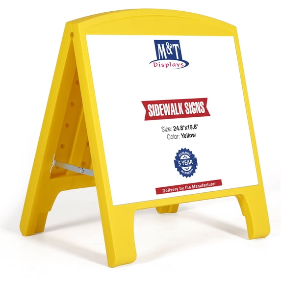 M&T Displays Mini Street SignPro Board, Yellow 24.80x19.76 Inch Weatherproof Sandwich Board A-Frame Sidewalk Curb Sign Holder Folding Double Sided Portable Advertising Display for Restaurant Cafe