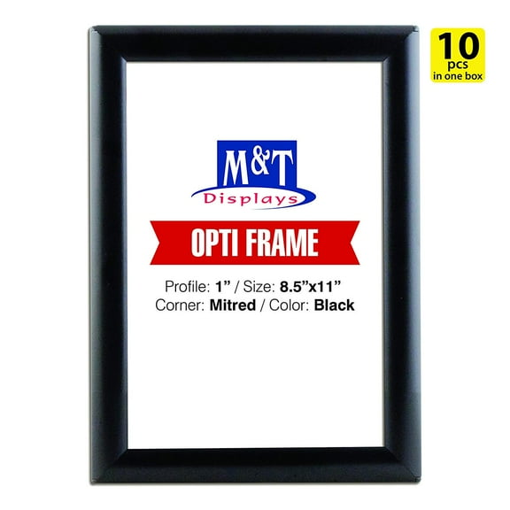 M&T Displays Opti Snap Photo Picture Poster Frame 8.5x11 inch Black 1" Aluminum Profile Front Loading Wall Mounting (10 Pack)