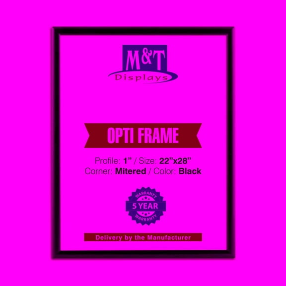 M&T Displays Opti Snap Poster Frame 22x28 Inch Black 1" Aluminum Profile Front Loading Wall Mounting Photo Picture Document Certificate Sign Holder Mitered Corner Anti Glare Cover