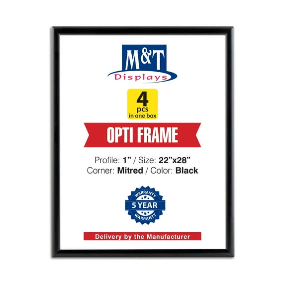 M&T Displays Opti Snap Poster Frame 22x28 Inch Black 1" Aluminum Profile Front Loading Wall Mounting Photo Picture Document Certificate Sign Holder Mitered Corner Anti Glare Cover (4 pack)
