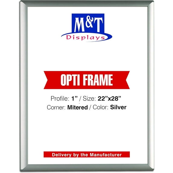 M&T Displays Opti Snap Poster Frame 22x28 Inch Silver 1" Aluminum Profile Front Loading Wall Mounting Photo Picture Document Certificate Sign Holder Mitered Corner Anti Cover