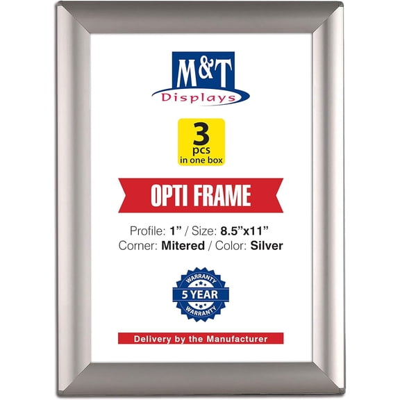 M&T Displays Opti Snap Poster Frame 8.5x11 Inch Silver 1" Aluminum Profile Front Loading Wall Mounting Photo Picture Document Certificate Sign Holder Mitered Corner Anti Glare Cover (3 pack)