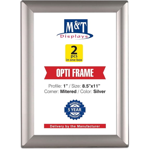 M&T Displays Opti Snap Poster Frame 8.5x11 Inch Silver 1" Aluminum Profile Front Loading Wall Mounting Photo Picture Document Certificate Sign Holder Mitered Corner Anti Glare Cover (2 pack)