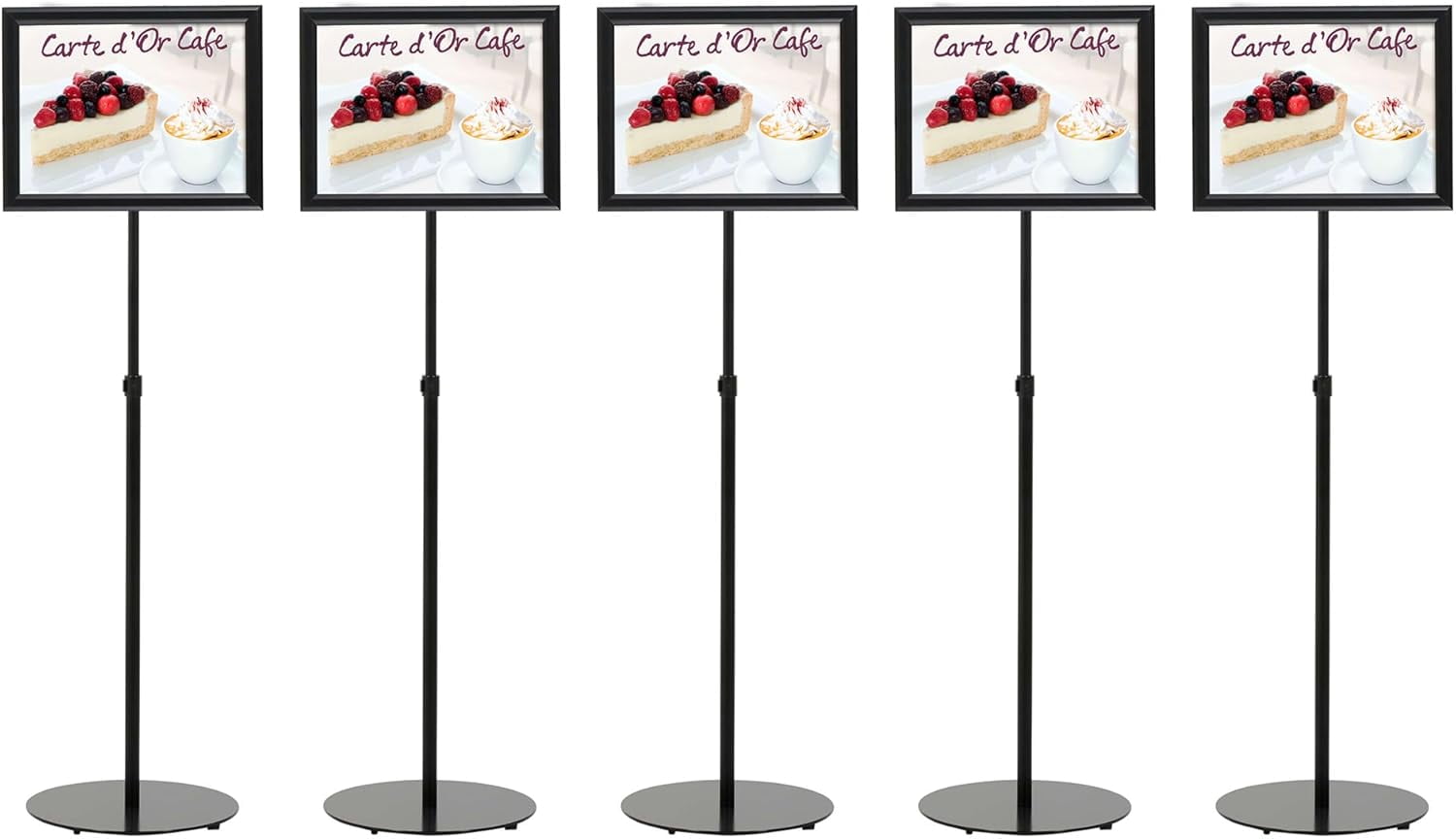 M&T Displays Adjustable Floor Menu Stand - Double-Sided 11x17" Poster Holder, Silver Aluminum, Telescoping Pedestal