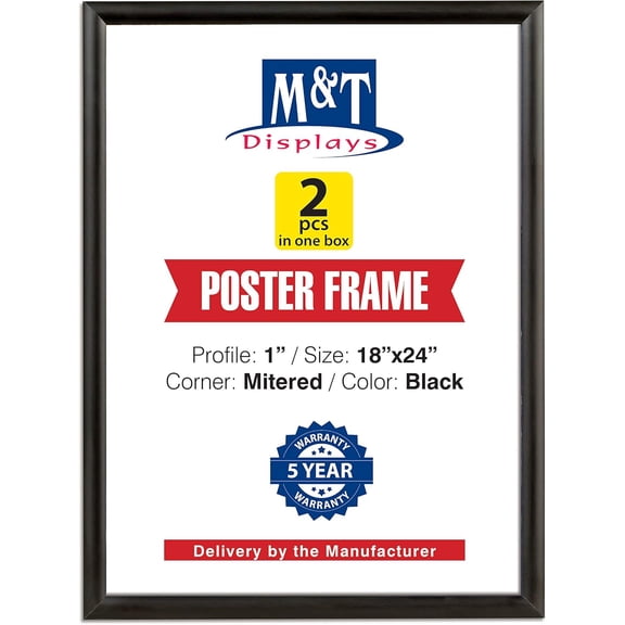 M&T Displays Picture Frame 18x24 Inch, Front Loading Diploma Frame, 1" Aluminum Profile Size - 2 Pack (Black)