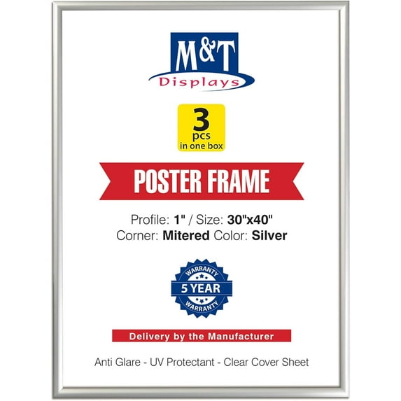 M&T Displays Picture Frame 30x40 Inch, Front Loading Diploma Frame, Silver Color 1" Aluminum Profile Size, 3 Packs