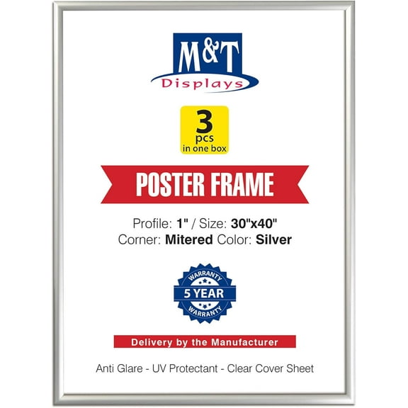 M&T Displays Picture Frame 30x40 Inch, Front Loading Diploma Frame, Silver Color 1" Aluminum Profile Size, 3 Packs
