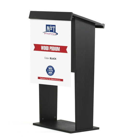 M&T Displays Plywood Stand up, Floor-Standing Podium, Lectern with Poster Fast, Shelf and Microphone Slot, 45 inch Height (Black)