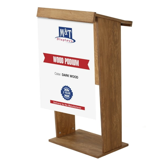 M&T Displays Plywood Stand up, Floor-Standing Podium, Lectern with Poster Fast, Shelf and Microphone Slot, 45 inch Height (Dark Wood)
