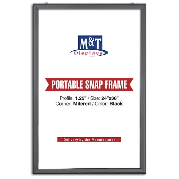M&T Displays Portable Snap Frame, Poster Size, 1.25" with White Backing and Anti-Glare Pet Cover (24x36, Black)