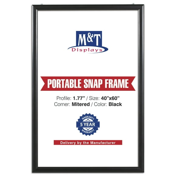 M&T Displays Portable Snap Poster Frame, Black 40x60 inch , 1.77" Aluminum Profile with White Backing and Anti-Glare Pet Cover
