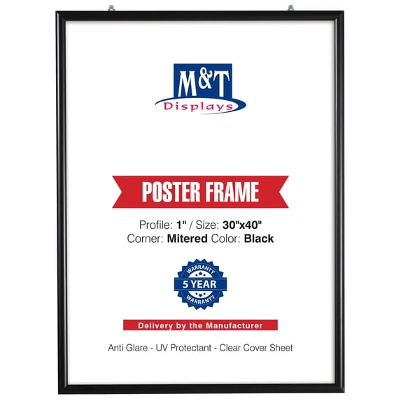M&T Displays Portable Snap Frame, Poster Size, 1" Profile with White Backing and Anti-Glare PET Cover (30x40, Black)