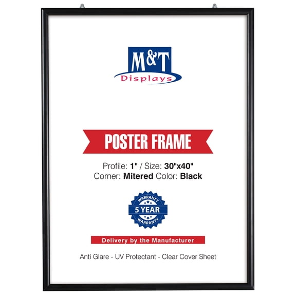 M&T Displays Portable Snap Frame, Poster Size, 1" Profile with White Backing and Anti-Glare PET Cover (30x40, Black)