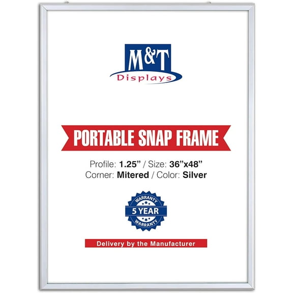 M&T Displays Portable Snap Poster Frame 1.25" Aluminum Profile Front Loading Wall Mounting Photo Picture Document Certificate Sign Holder Mitered Corner Anti Glare Cover (Silver, 36x48 in)