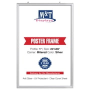 M&T Displays Portable Snap Poster Frame 24x36 Inch Silver 1" Aluminum Profile Front Loading Wall Mounting Photo Picture Document Certificate Sign Holder Mitered Corner Anti Glare Cover