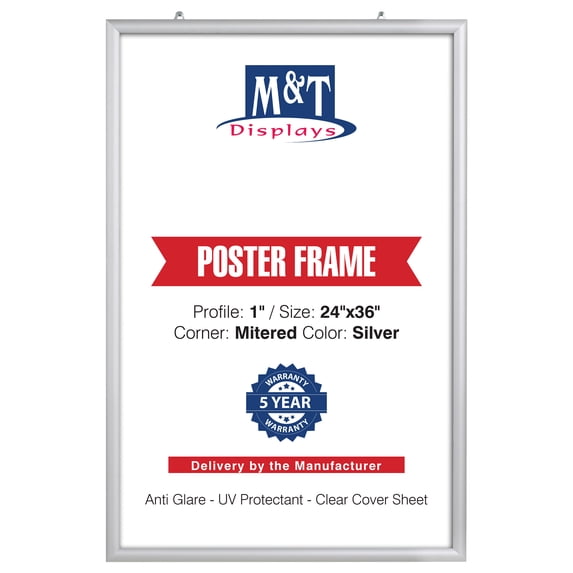M&T Displays Portable Snap Poster Frame 24x36 Inch Silver 1" Aluminum Profile Front Loading Wall Mounting Photo Picture Document Certificate Sign Holder Mitered Corner Anti Glare Cover