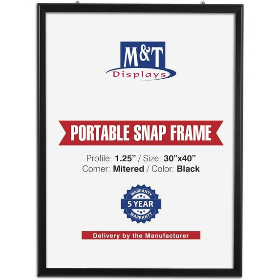 M&T Displays Portable Snap Poster Frame 30x40 Inch 1.25" Aluminum Profile Front Loading Wall Mounting Photo Picture Document Certificate Sign Holder Mitered Corner Anti Glare Cover (Black, 30x40 in)