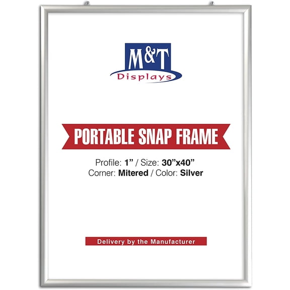 M&T Displays Portable Snap Poster Frame 30x40 Inch Silver 1" Aluminum Profile Front Loading Wall Mounting Photo Picture Document Certificate Sign Holder Mitered Corner Anti  Cover