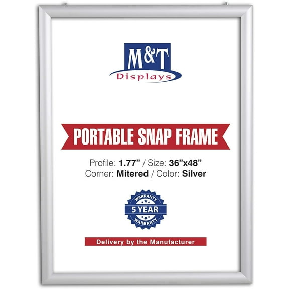 M&T Displays Portable Snap Poster Frame 36x48 Inch Silver 1.77" Aluminum Profile, Front Loading Wall Mounting Display for Photo Picture Document Certificate Mitered Corner Anti Glare Cover