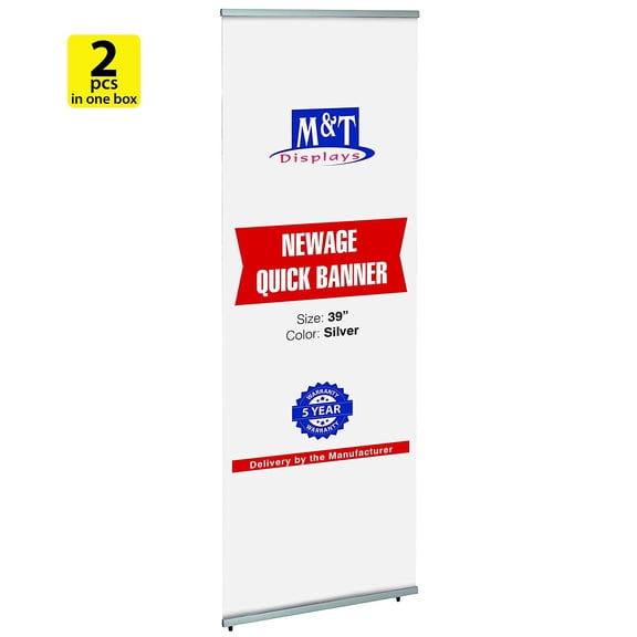 M&T Displays Reusable Banner Travel Display 39" Poster Size Silver Anodized Aluminium, Telescopic Pipe Quick Set Up Single Sided (Two)