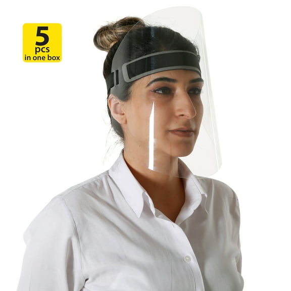 M&T Displays Reusable Face Shield, Adjustable Transparent Full Face Protective Visor for Eye & Head Protection, Barrier Against Coughing, Sneezing and Spitting, Facial Cover for Men & Women (5-Pack)