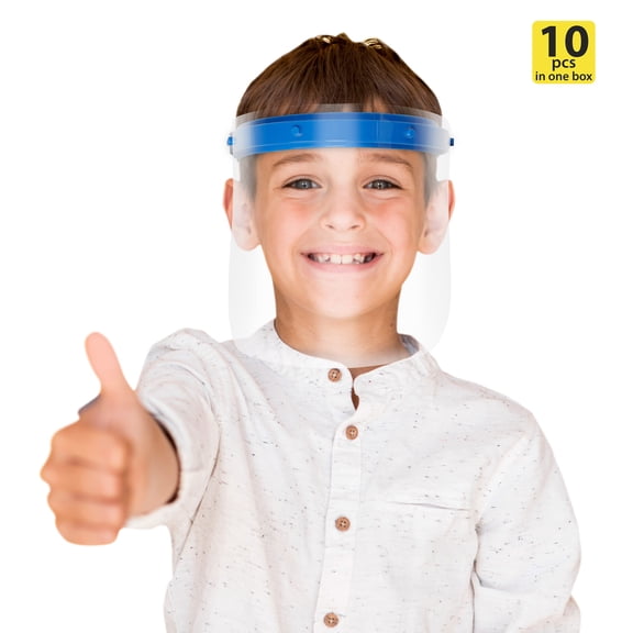 M&T Displays Reusable Face Shield for Kids, Adjustable Transparent Full Face Protective Visor, Eye & Head Protection, Barrier Against Coughing, Sneezing and Spitting, Facial Cover (10 Pack, Blue)