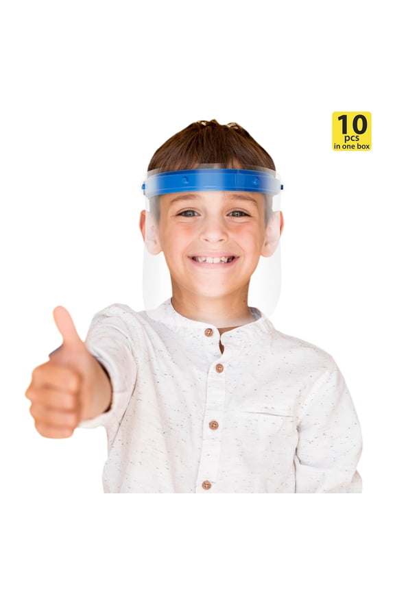 Reusable Face Shield for Kids, Adjustable Transparent Full Face Protective Visor, Eye & Head Protection, Barrier Against Coughing, Sneezing and Spitting, Facial Cover (10 Pack, Blue)