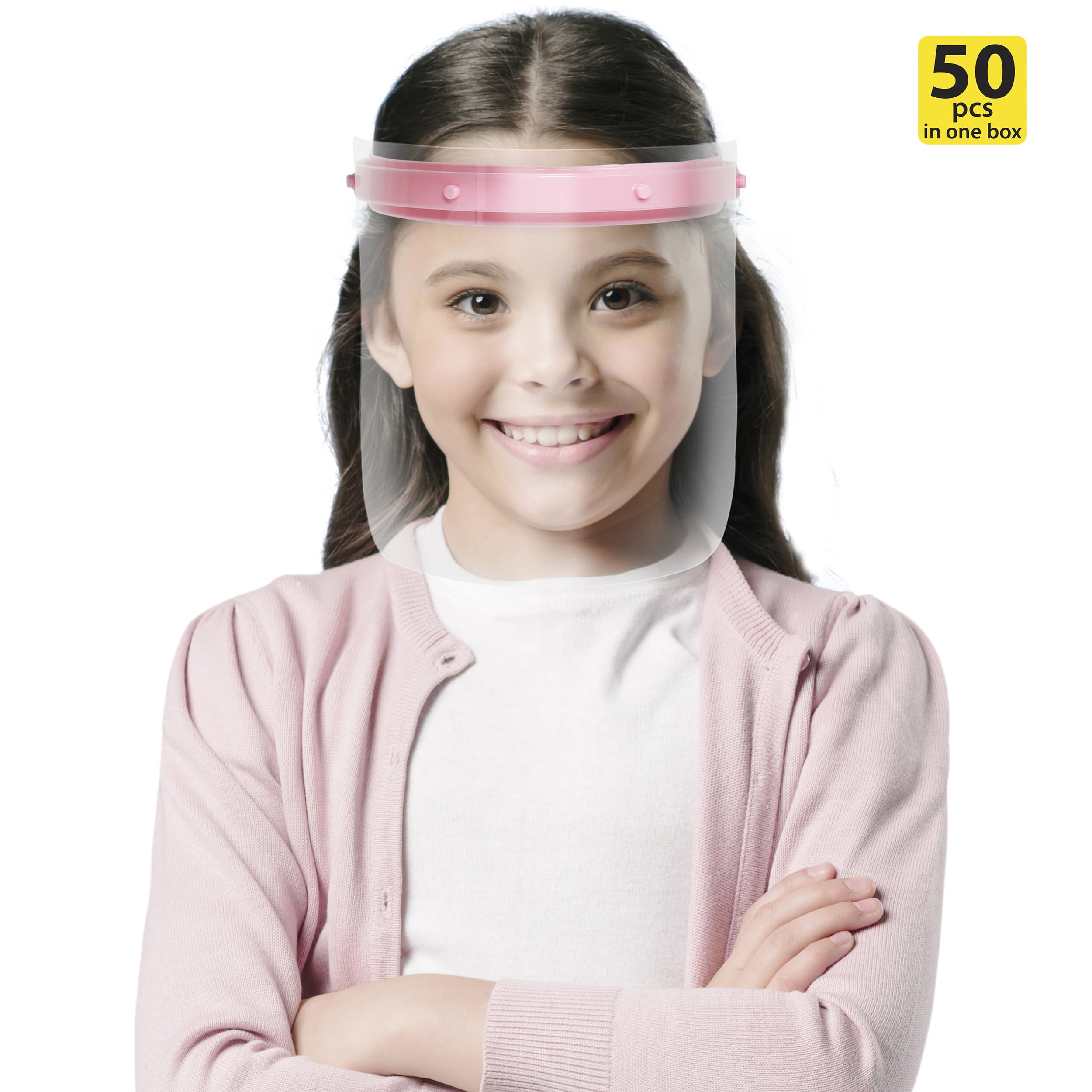M&T Displays Reusable Face Shield for Kids, Adjustable Transparent Full Face Protective Visor, Eye & Head Protection, Barrier Against Coughing, Sneezing and Spitting, Facial Cover (50 Pack, Pink)