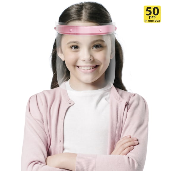 M&T Displays Reusable Face Shield for Kids, Adjustable Transparent Full Face Protective Visor, Eye & Head Protection, Barrier Against Coughing, Sneezing and Spitting, Facial Cover (50 Pack, Pink)