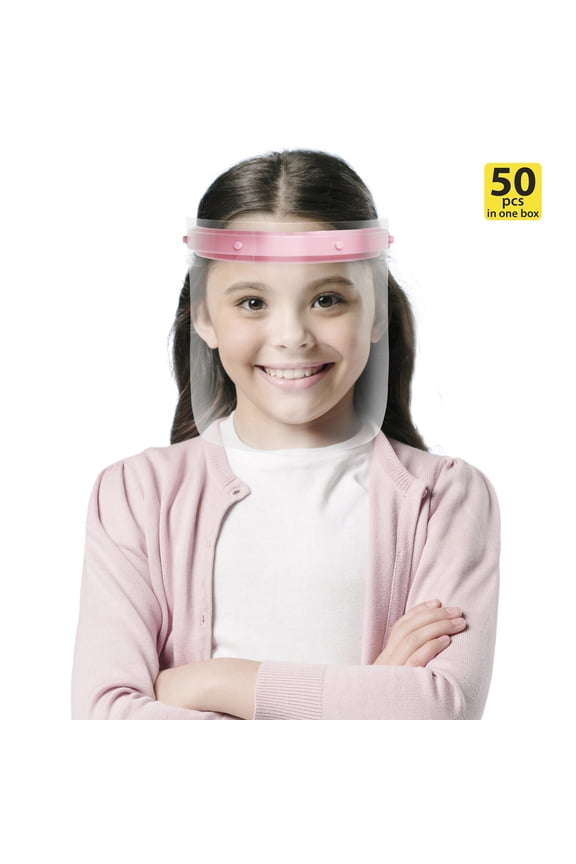 Reusable Face Shield for Kids, Adjustable Transparent Full Face Protective Visor, Eye & Head Protection, Barrier Against Coughing, Sneezing and Spitting, Facial Cover (50 Pack, Pink)