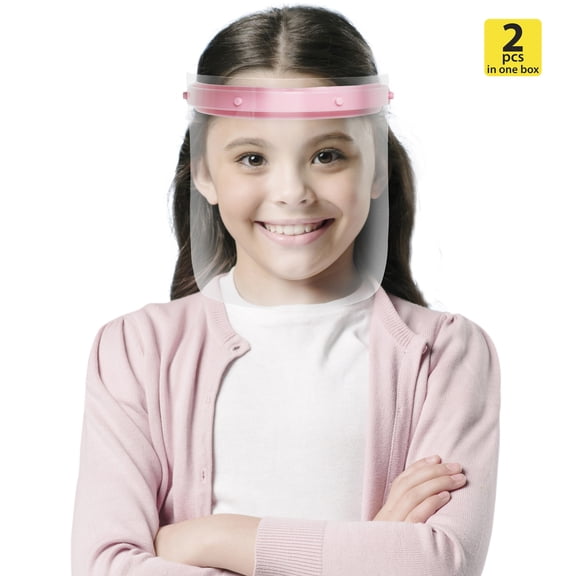 M&T Displays Reusable Face Shield for Kids, Adjustable Transparent Full Face Protective Visor, Eye & Head Protection, Barrier Against Coughing, Sneezing and Spitting, Facial Cover (2 Pack, Pink)